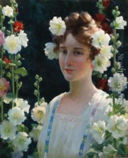 Among The Hollyhocks Oil Painting - Charles Curran