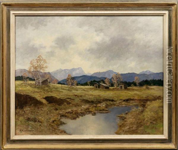 Landschaft Im Murnauermoos Mit Blick Auf Die Zugspitze Oil Painting - Adolf Kapfhammer