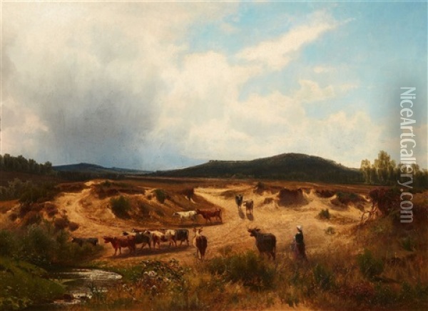 Landscape With A Herd Of Cattle Oil Painting - Carl Johann Friedrich Adolf Roetteken