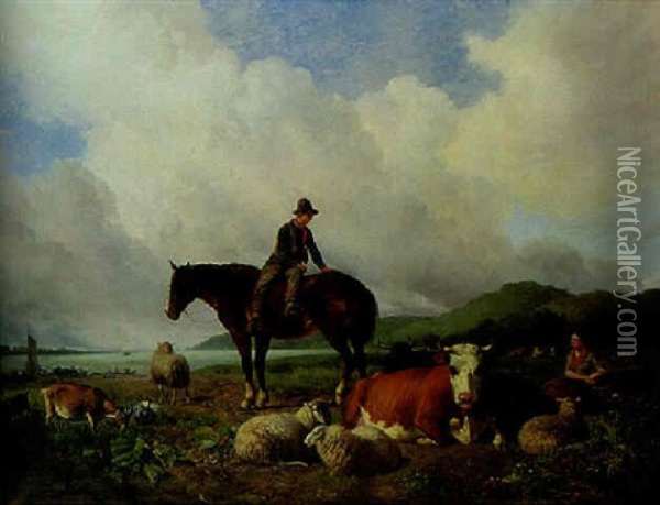 Countryfolk With Cows And Sheep By An Estuary Oil Painting - Hendrik van de Sande Bakhuyzen