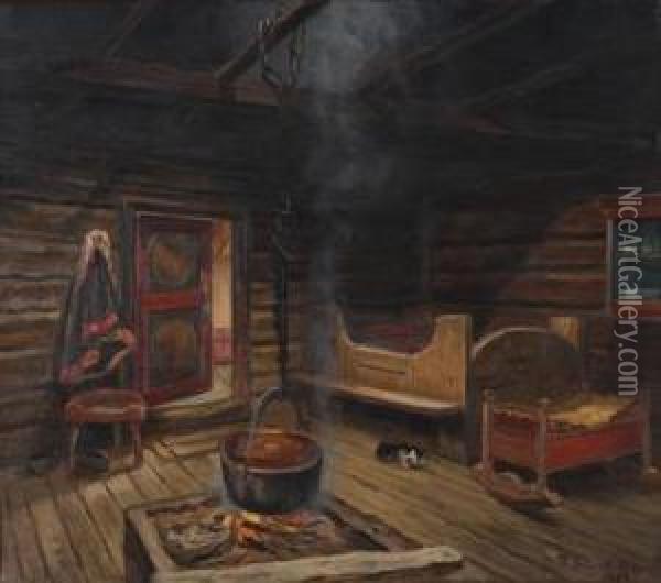 Bondeinterior Oil Painting - Thoralv Sundt-Ohlsen