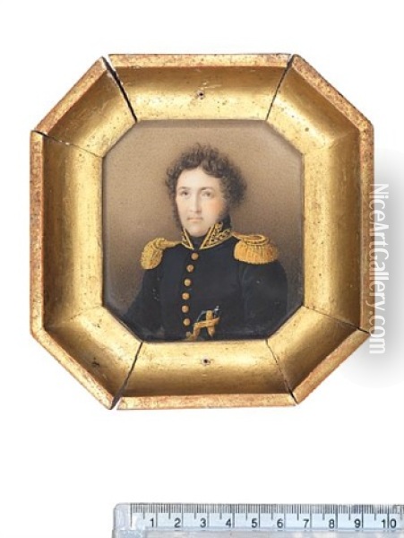 An Officer, Wearing Black Coat With Gold Buttons And Epaulettes, Standing Collar With Gold Embroidery, Black Stock Oil Painting - Angelique Bouillet