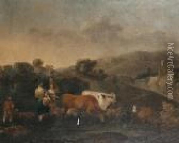 Peasants With Cattle Fording A Stream Oil Painting - Nicolaes Berchem