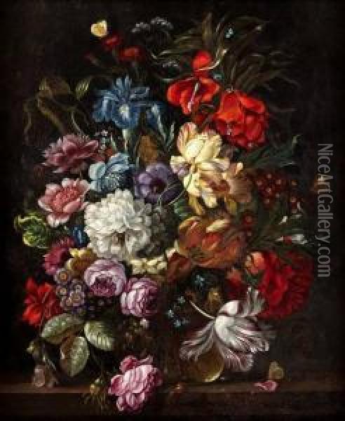 Still Life With Mixed Flowers, Butterflies And Insects Oil Painting - Jan Evert Morel