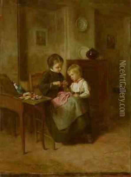 The Sewing Lesson 2 Oil Painting - Theophile-Emmanuel Duverger