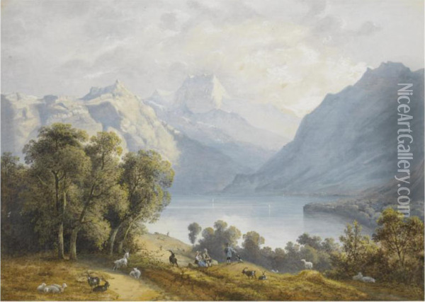 Alpine Landscape With A Young Family Tending A Herd Of Goats Oil Painting - Henri Knip