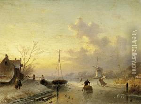 Winter Scene By The River Oil Painting - Charles Henri Leickert