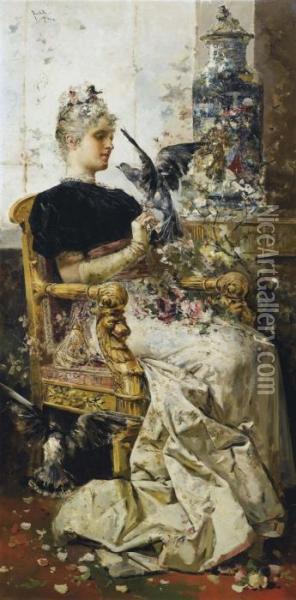 An Elegant Lady Seated In An Interior Oil Painting - Salvador Sanchez-Barbudo Morales