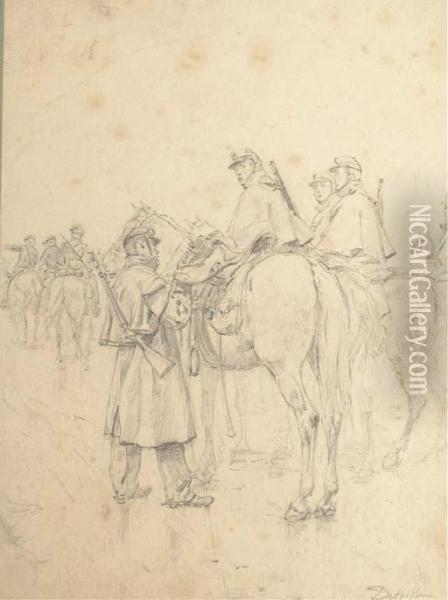 Des Cavaliers, Dont L'un Ajustant Sa Selle Oil Painting - Jean Baptiste Edouard Detaille