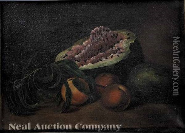 Still Life With Watermelon, Peaches, And A Pear Oil Painting - James Peale Jr.