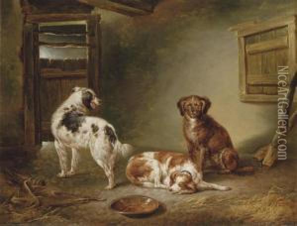 Three Dogs In A Barn Oil Painting - Charles Towne
