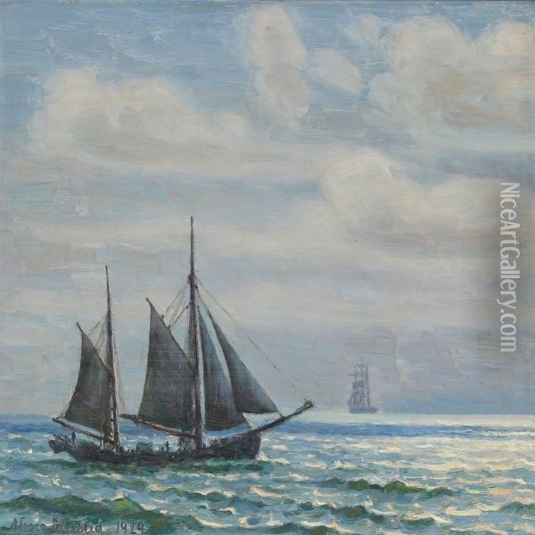 Ships At Sea In The Sunlight Oil Painting - Viggo Helsted