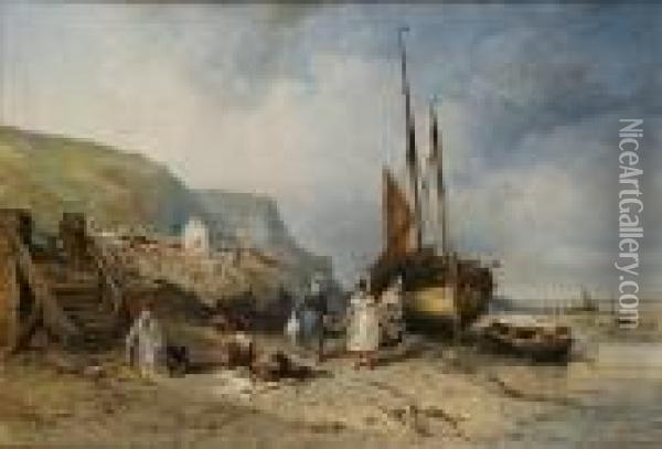Le Dechargement Du Poisson Au Treport Oil Painting - Jules Achille-Noel