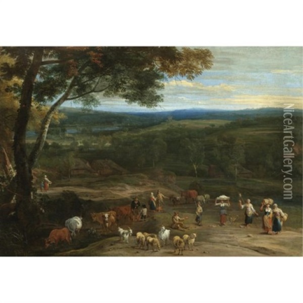 An Extensive Landscape With Figures On High Ground Passing A Herdsman Grazing His Cattle And Sheep Oil Painting - Lucas Achtschellinck