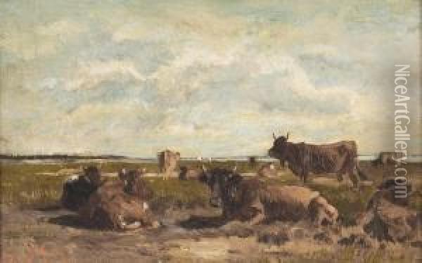 Kuhe Auf Einer Weide Im Sommer. Oil Painting - Emile van Marcke de Lummen