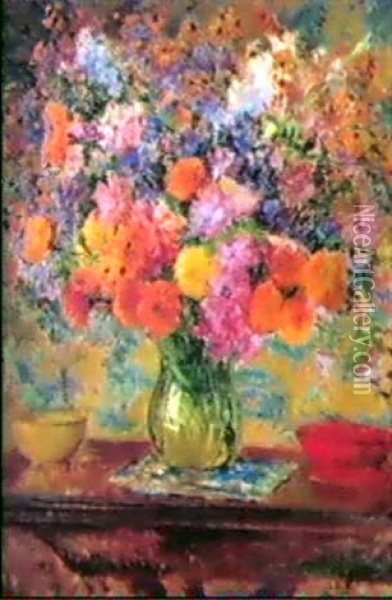 Bouquet De Fleurs Au Vase Vert Oil Painting - Jacques-Emile Blanche