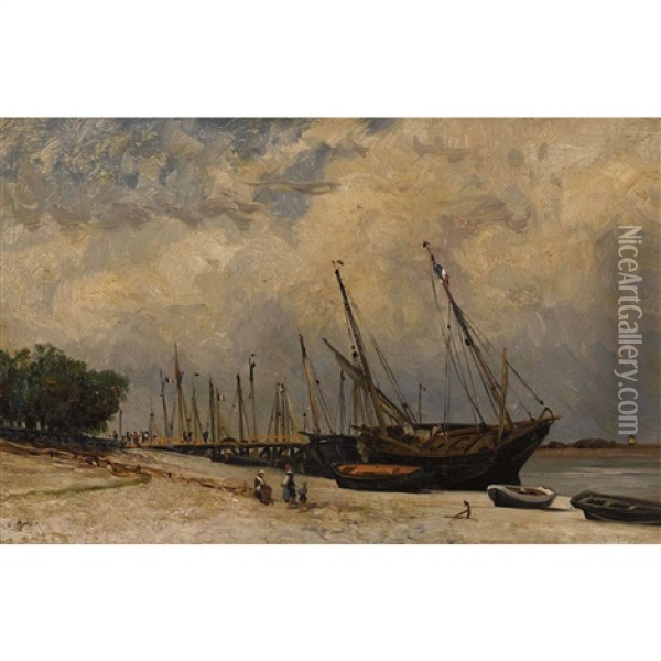 Strandpartie Mit Segelbooten Und Staffage Oil Painting - Edouard Auguste Imer