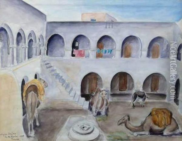Dromadaires Dans Une Cour A Djerba. Oil Painting - Evelyne Dufau