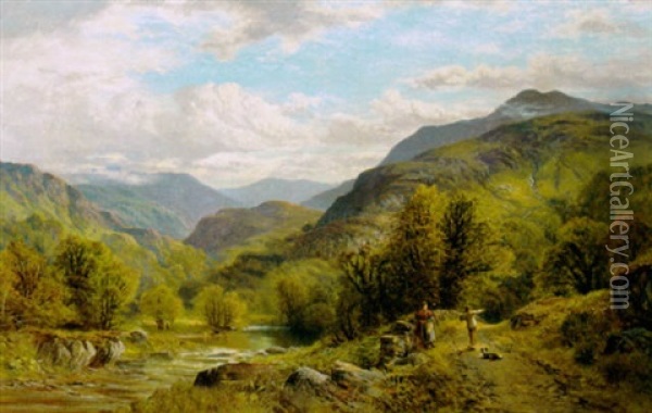Figures By A River In A Mountainous Landscape Oil Painting - Alfred Augustus Glendening Sr.