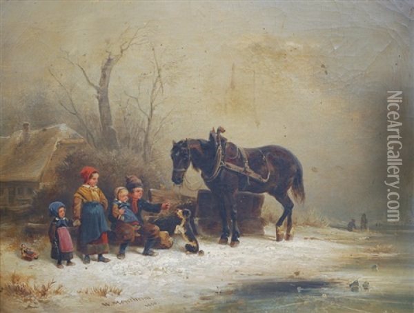 Children With Horse In A Winter Landscape Oil Painting - Wilhelm Alexander Meyerheim