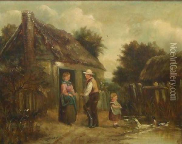 Family Group Before A Cottage Oil Painting - John Locker