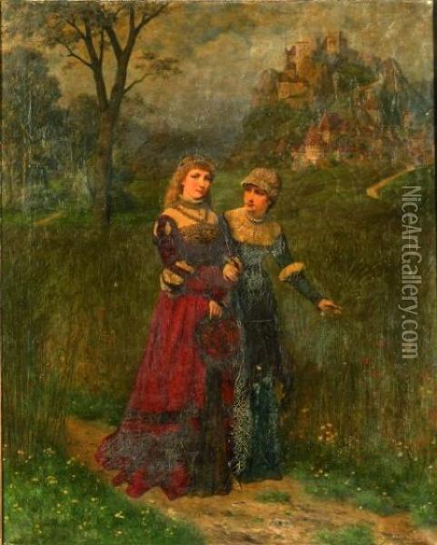 Two Women Before A Hillside Castle Oil Painting - Friederich Bodenmuller