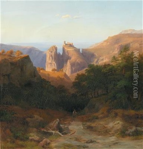 View Of The San Marino Fortress Oil Painting - Friedrich J. Ehemant