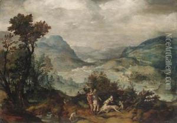 An Extensive Landscape With 
Venus And Adonis(?); And An Extensivelandscape With Mercury And Argus Oil Painting - Herri met de Bles