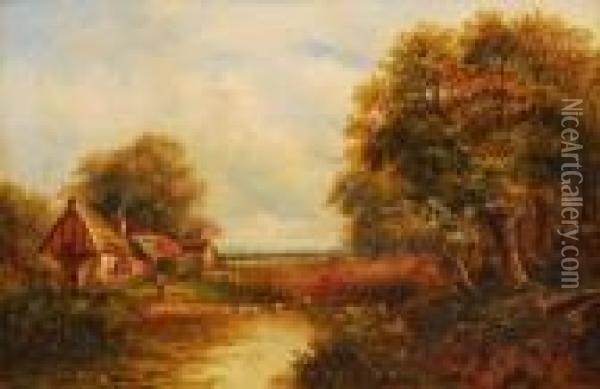 Cottages By A Lake With Figures And Geese Oil Painting - Joseph Thors