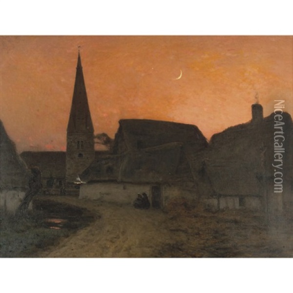 Village At Dusk Oil Painting - Emile-Adelard Breton
