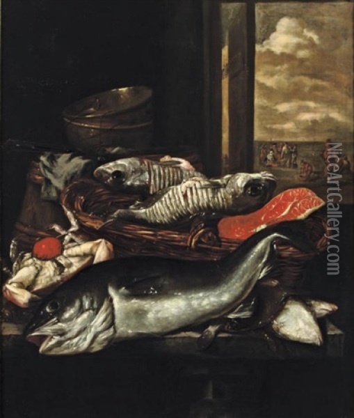 Fish, A Crab, A Basket And Pots On A Table Before A Window, Figures On A Beach Beyond Oil Painting - Abraham van Beyeren