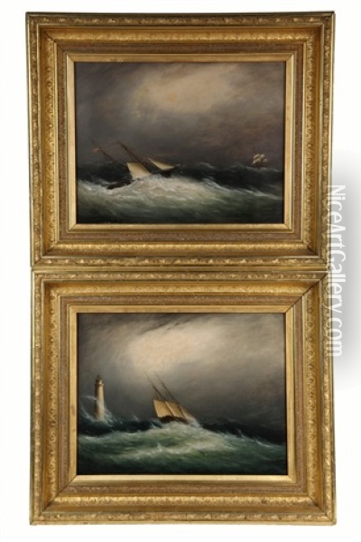 Two Views Of Sailing Ships Being Swamped In Storms, One Near A Lighthouse, The Other With Rescuer Approaching Oil Painting - Clement Drew