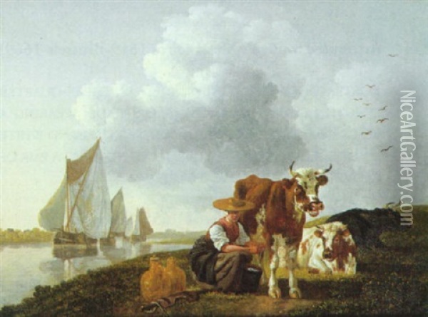 A Maid Milking A Cow On The Bank Of A River, Sailing Vessels Beyond Oil Painting - Leendert de Koningh