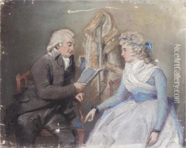 Portrait Of George William Manby; Portrait Of A Gentleman Reading To A Lady Oil Painting - John Raphael Smith
