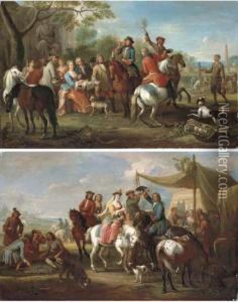 An Elegant Hunting Party By A 
Sutler's Booth, A Landscape Beyond; And An Elegant Hunting Party At Rest
 In A Park Landscape Oil Painting - Jan Peeter Verdussen