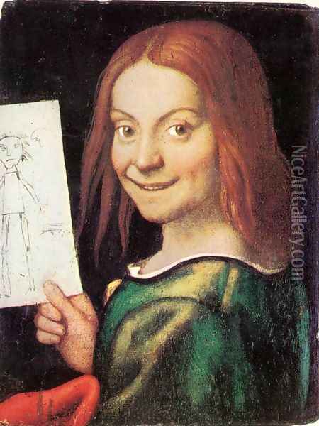Read Headed Youth Holding A Drawing Oil Painting - Giovanni Francesco Caroto