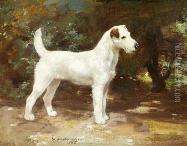 Wire Fox Terrier In A Landscape Oil Painting - William Walls