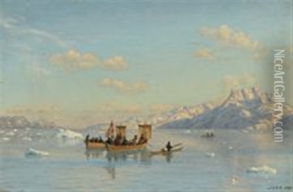 Kayaks And Umiaks On A Greenlandic Fjord Oil Painting - Carl (Jens Erik C.) Rasmussen