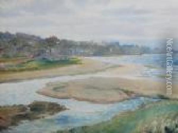 River Estuary With Town In The Distance Oil Painting - David Murray