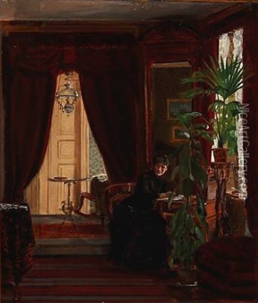 Interior With A Woman Writing Letters Oil Painting - Christian (Jens C.) Thorrestrup
