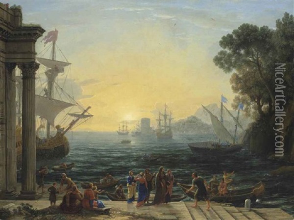 A Mediterranean Port At Sunrise With The Embarkation Of Saint Paula For Jerusalem Oil Painting - Claude Lorrain
