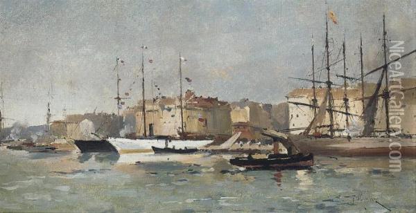 Boats In A French Port Oil Painting - Eugene Galien-Laloue