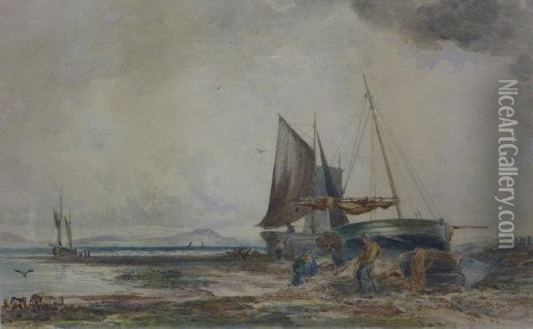 Fishing Boats On The Shoreline Oil Painting - Frederick William Booty