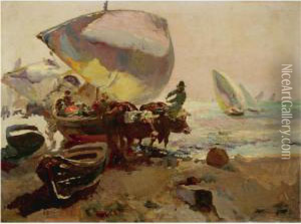 Bueyes Y Barcas En La Playa Oil Painting - Jose Navarro