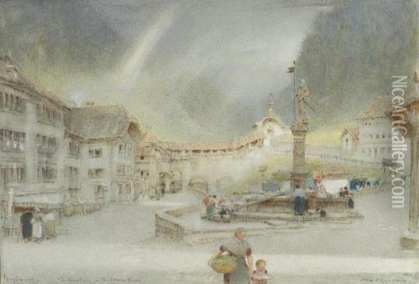 Fribourg, The Fountain In The Lower Town, Switzerland Oil Painting - Albert Goodwin