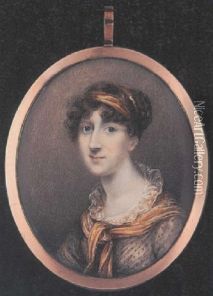 Frances Mary Hannah Gamble Wearing Black Spotted White Dress With White Lace Collar, Yellow Scarf And Matching Bandeau In Her Upswept Curled Hair Oil Painting - Charlotte Jones