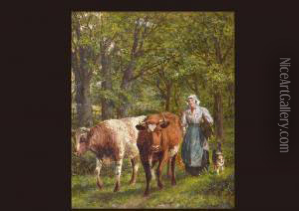 Peasants And Cow Oil Painting - Joseph Dixon Clark