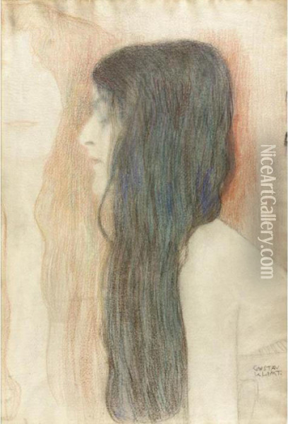 Madchen Mit Langem Haar Im 
Profil, Mit Skizze Der 'nuda Veritas' (girl With Long Hair In Profile, 
With A Sketch For 'nuda Veritas') Oil Painting - Gustav Klimt
