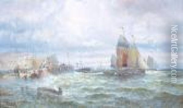 Fishing Fleet Leaving Harbour Oil Painting - Hubert Thornley