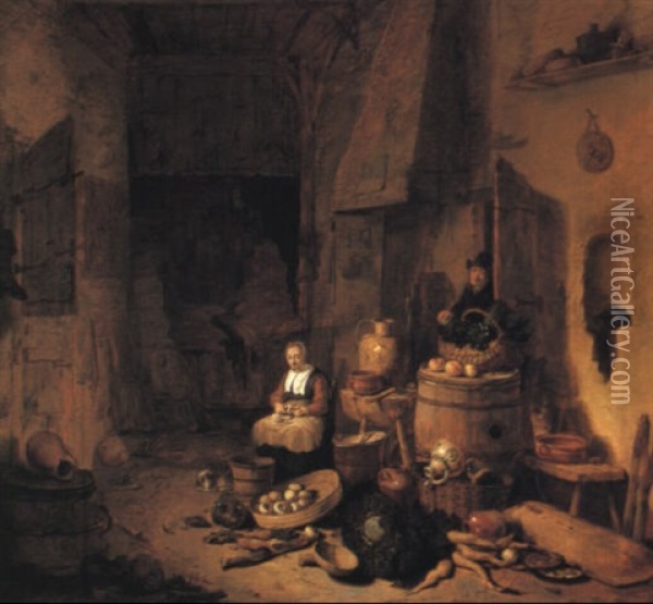 Cottage Interior With A Maid Peeling Turnips And A Man Approaching Oil Painting - Egbert Lievensz van der Poel